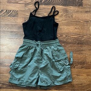 No Boundaries Black & Olive Green Romper Short with Utility Pockets